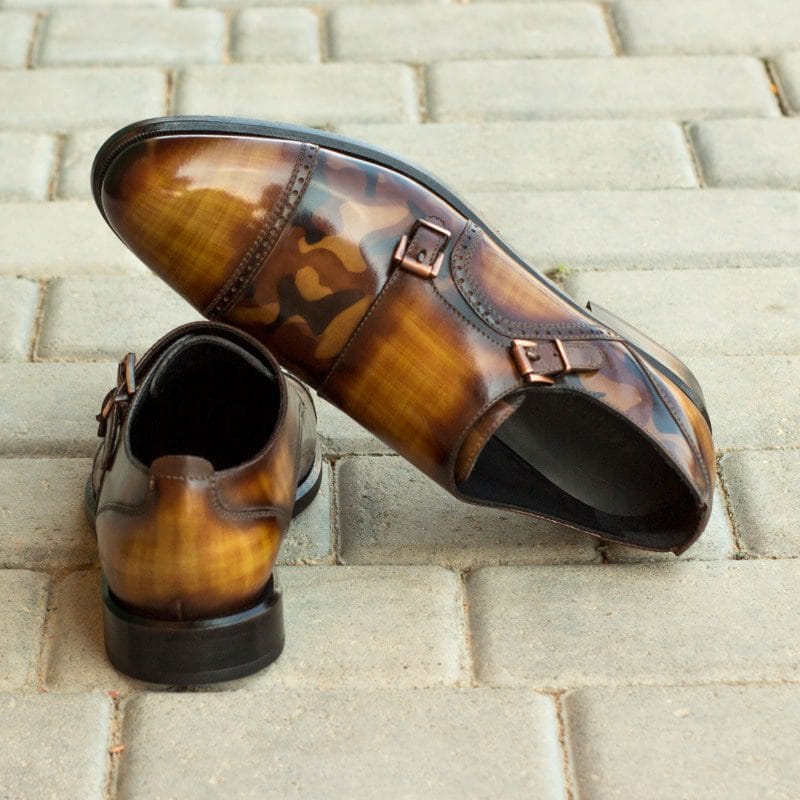 Custom Made Women's Double Monks in Italian Raw Crust Leather with a Cognac and Brown Camo Hand Patina